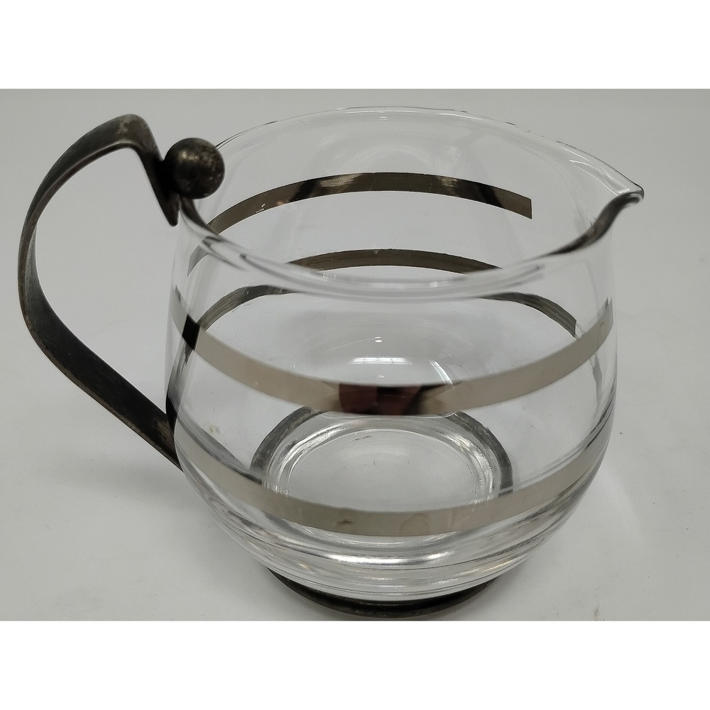 Minimalist Retro Vintage MCM Glass Creamer Pitcher Silver Tone Metal Base 3in